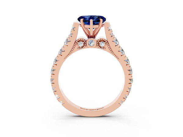 Rose gold Heart Cut Blue Sapphire Classic Solitaire Ring with Pavé Band and Four-Prong Setting