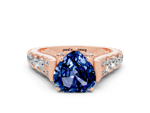 Rose gold Heart Cut Blue Sapphire Classic Solitaire Ring with Pavé Band and Four-Prong Setting