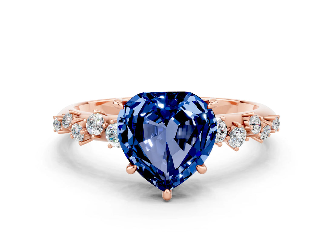Rose gold Heart Cut Blue Sapphire Cluster Side Stone Solitaire Ring with Prong Setting_24