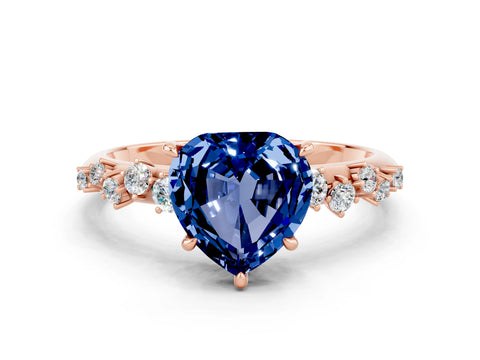 Rose gold Heart Cut Blue Sapphire Cluster Side Stone Solitaire Ring with Prong Setting_24
