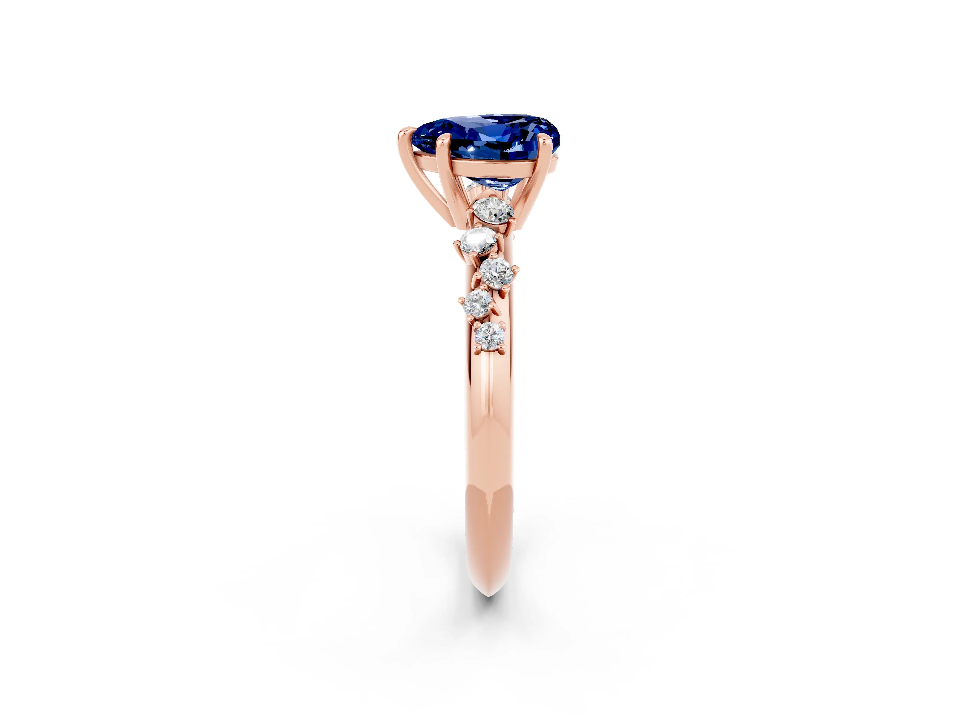 Rose gold Heart Cut Blue Sapphire Cluster Side Stone Solitaire Ring with Prong Setting_26