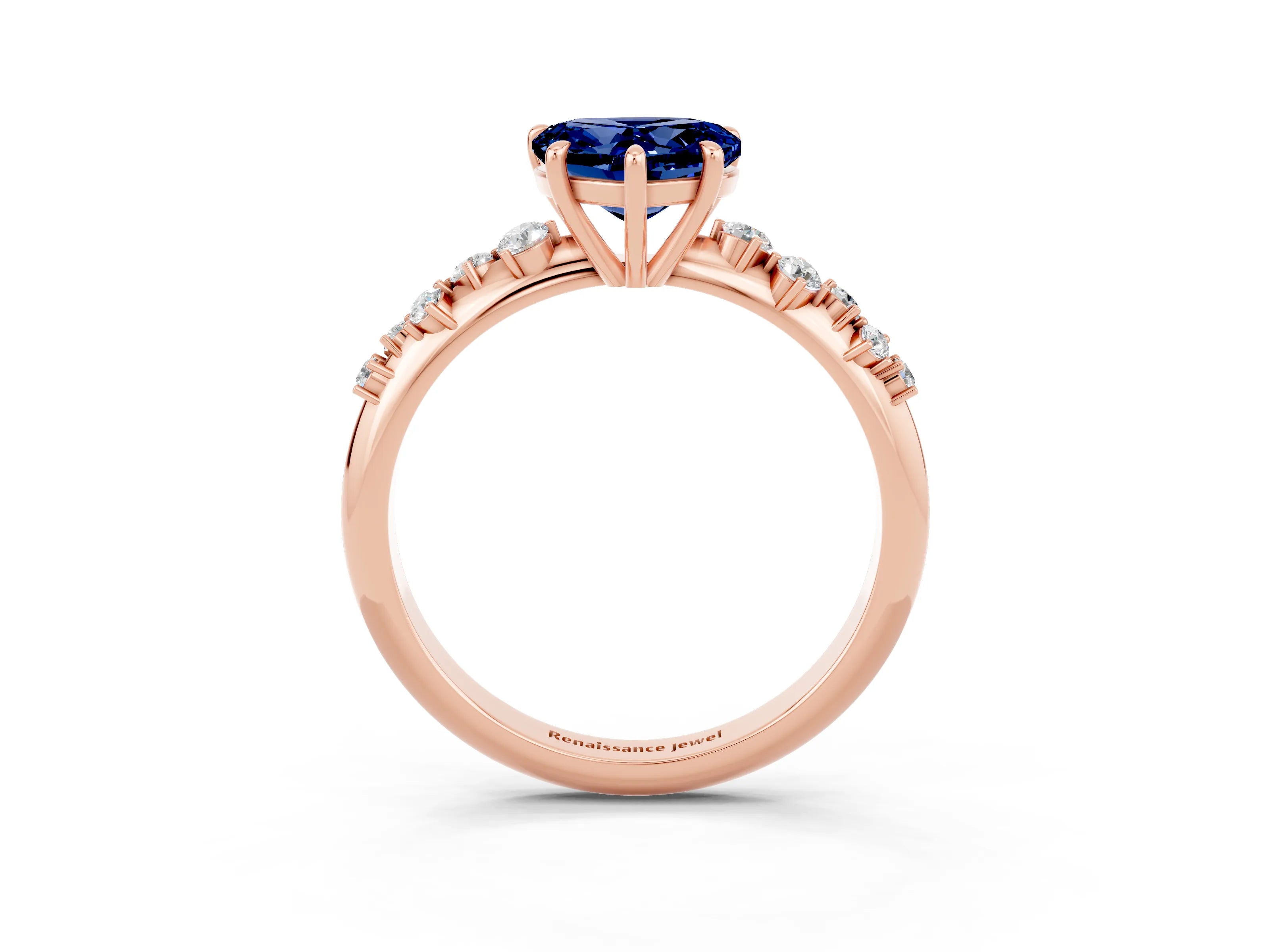 Rose gold Heart Cut Blue Sapphire Cluster Side Stone Solitaire Ring with Prong Setting_27