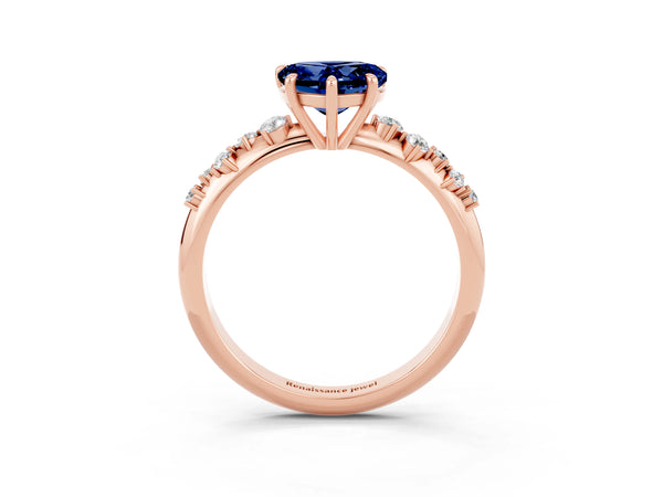 Rose gold Heart Cut Blue Sapphire Cluster Side Stone Solitaire Ring with Prong Setting