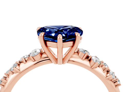 Rose gold Heart Cut Blue Sapphire Cluster Side Stone Solitaire Ring with Prong Setting_28