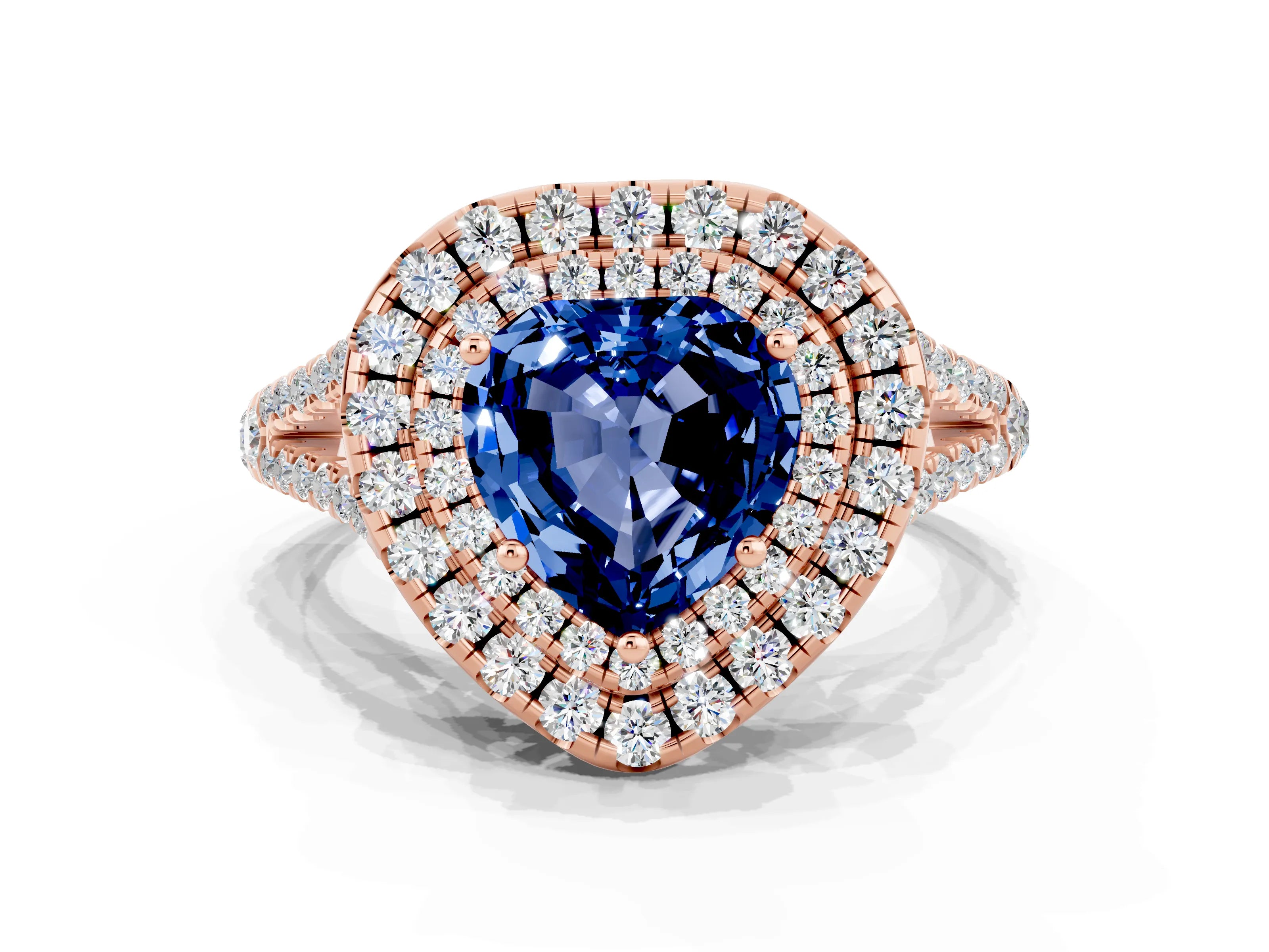 Rose gold Heart Cut Blue Sapphire Double Halo Ring with Pavé Band and Prong Setting_12