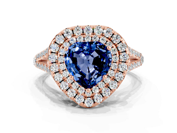 Rose gold Heart Cut Blue Sapphire Double Halo Ring with Pavé Band and Prong Setting