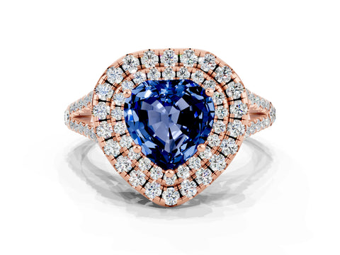 Rose gold Heart Cut Blue Sapphire Double Halo Ring with Pavé Band and Prong Setting_12