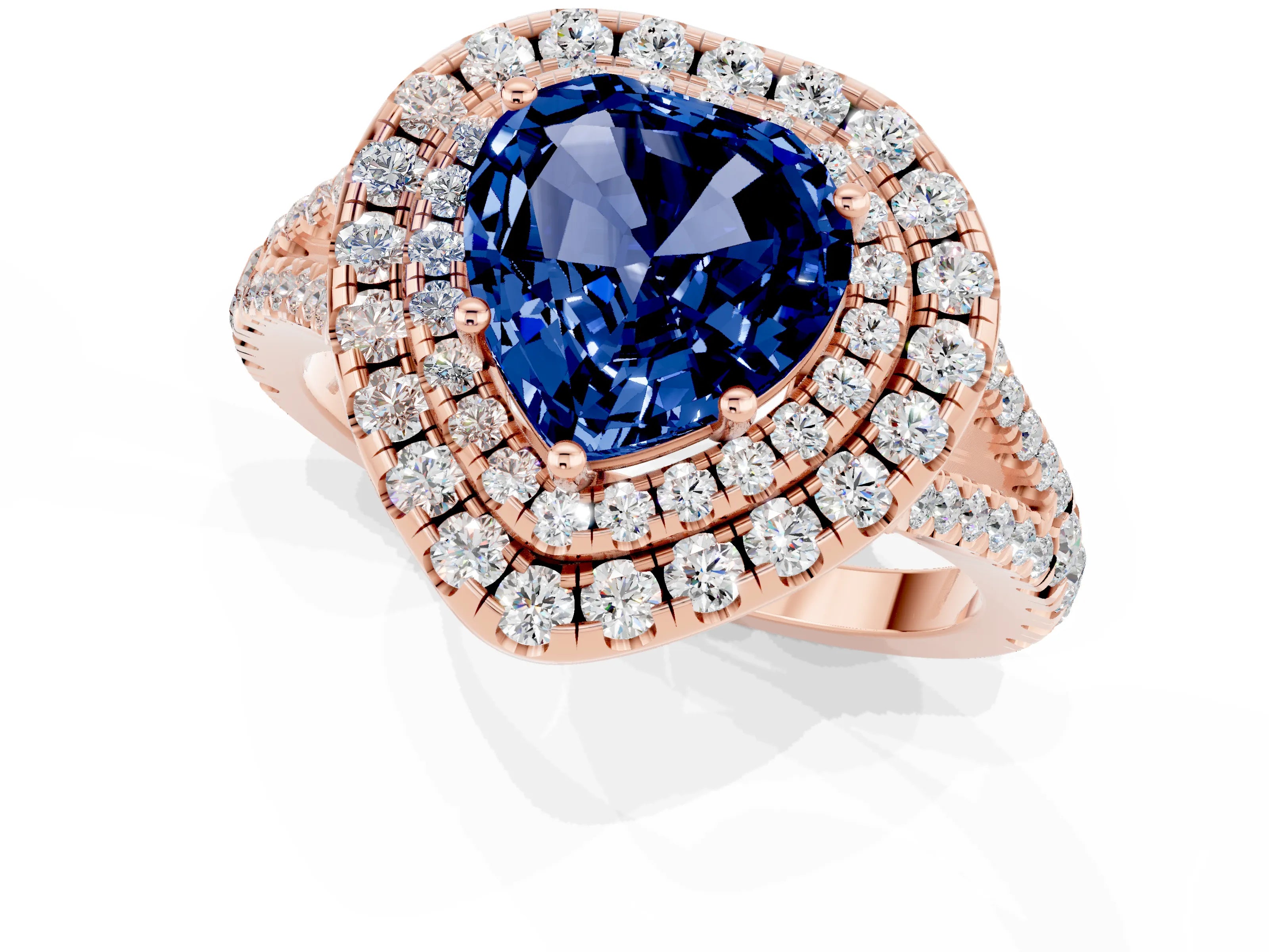 Rose gold Heart Cut Blue Sapphire Double Halo Ring with Pavé Band and Prong Setting_13