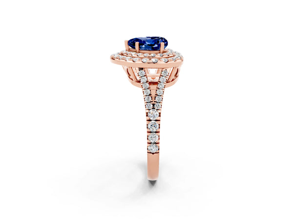 Rose gold Heart Cut Blue Sapphire Double Halo Ring with Pavé Band and Prong Setting