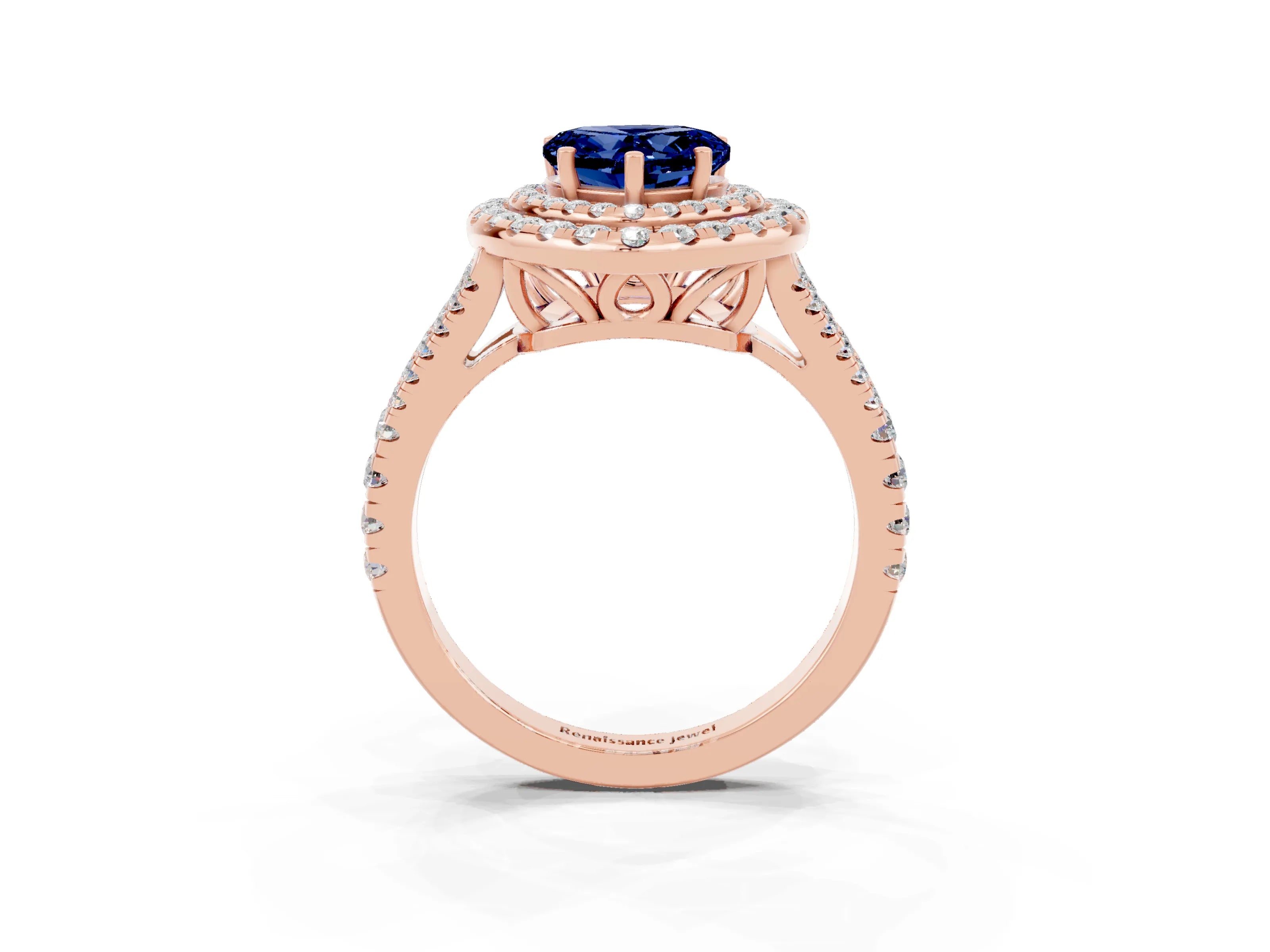 Rose gold Heart Cut Blue Sapphire Double Halo Ring with Pavé Band and Prong Setting_15