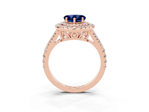 Rose gold Heart Cut Blue Sapphire Double Halo Ring with Pavé Band and Prong Setting