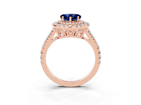 Rose gold Heart Cut Blue Sapphire Double Halo Ring with Pavé Band and Prong Setting_15