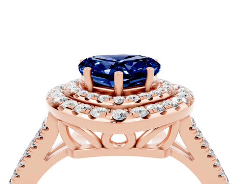 Rose gold Heart Cut Blue Sapphire Double Halo Ring with Pavé Band and Prong Setting_16