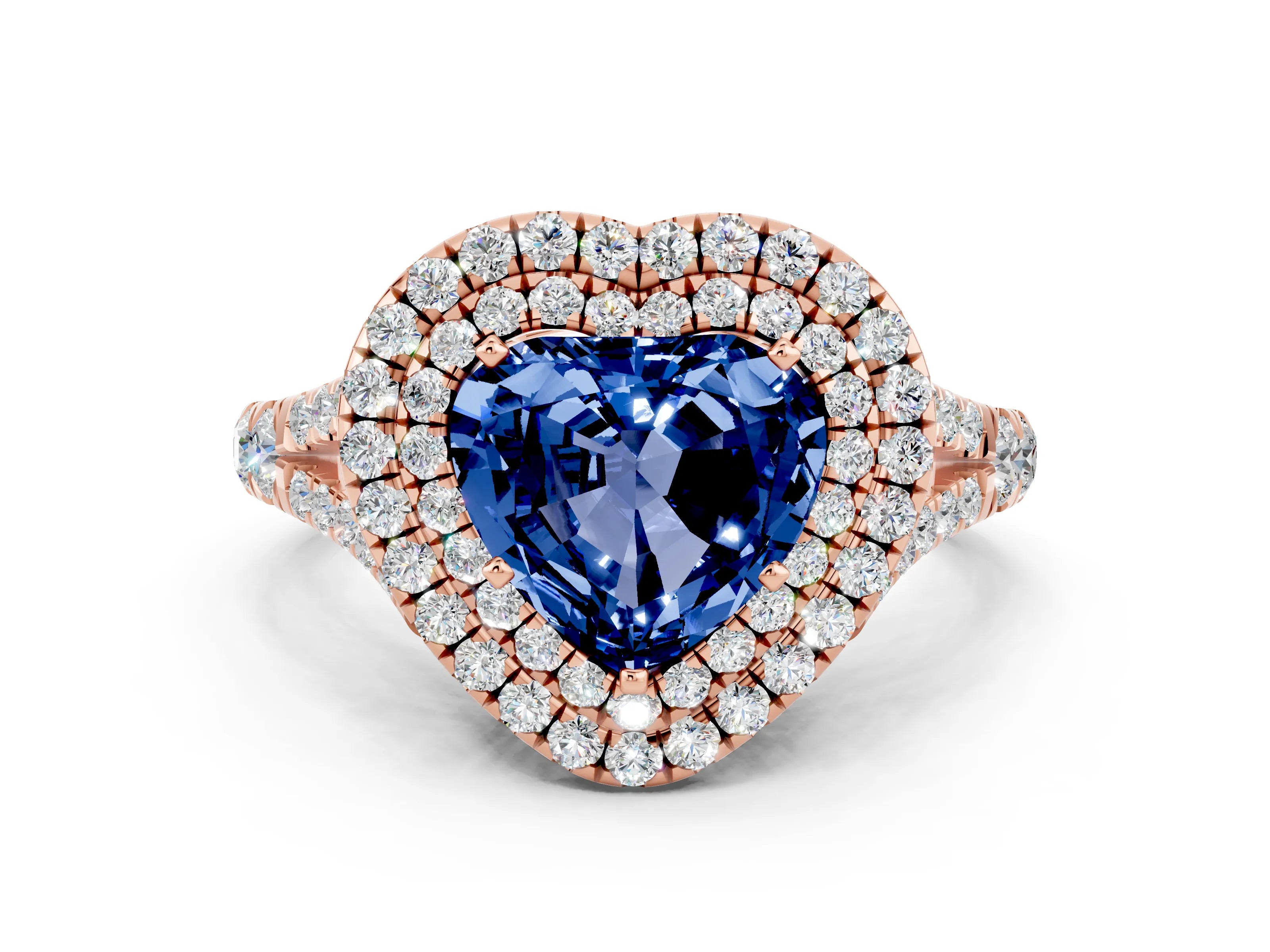 Rose gold Heart Cut Blue Sapphire Double Halo Ring with Split Shank and Prong Setting_12