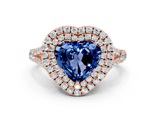 Rose gold Heart Cut Blue Sapphire Double Halo Ring with Split Shank and Prong Setting