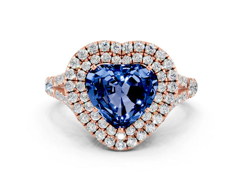 Rose gold Heart Cut Blue Sapphire Double Halo Ring with Split Shank and Prong Setting_12