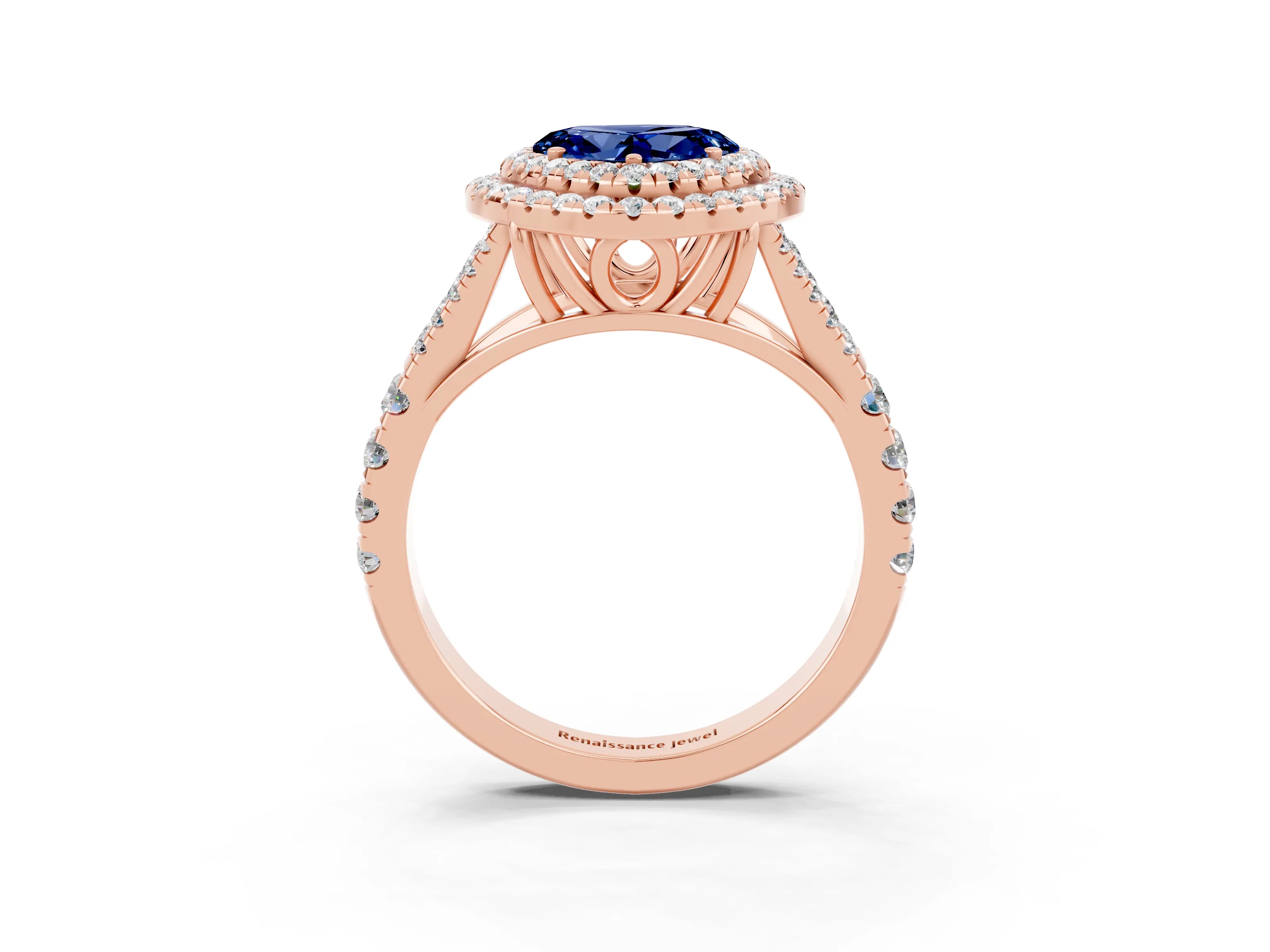 Rose gold Heart Cut Blue Sapphire Double Halo Ring with Split Shank and Prong Setting_15