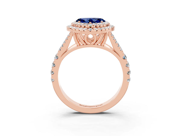 Rose gold Heart Cut Blue Sapphire Double Halo Ring with Split Shank and Prong Setting