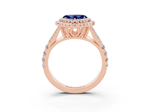 Rose gold Heart Cut Blue Sapphire Double Halo Ring with Split Shank and Prong Setting_15