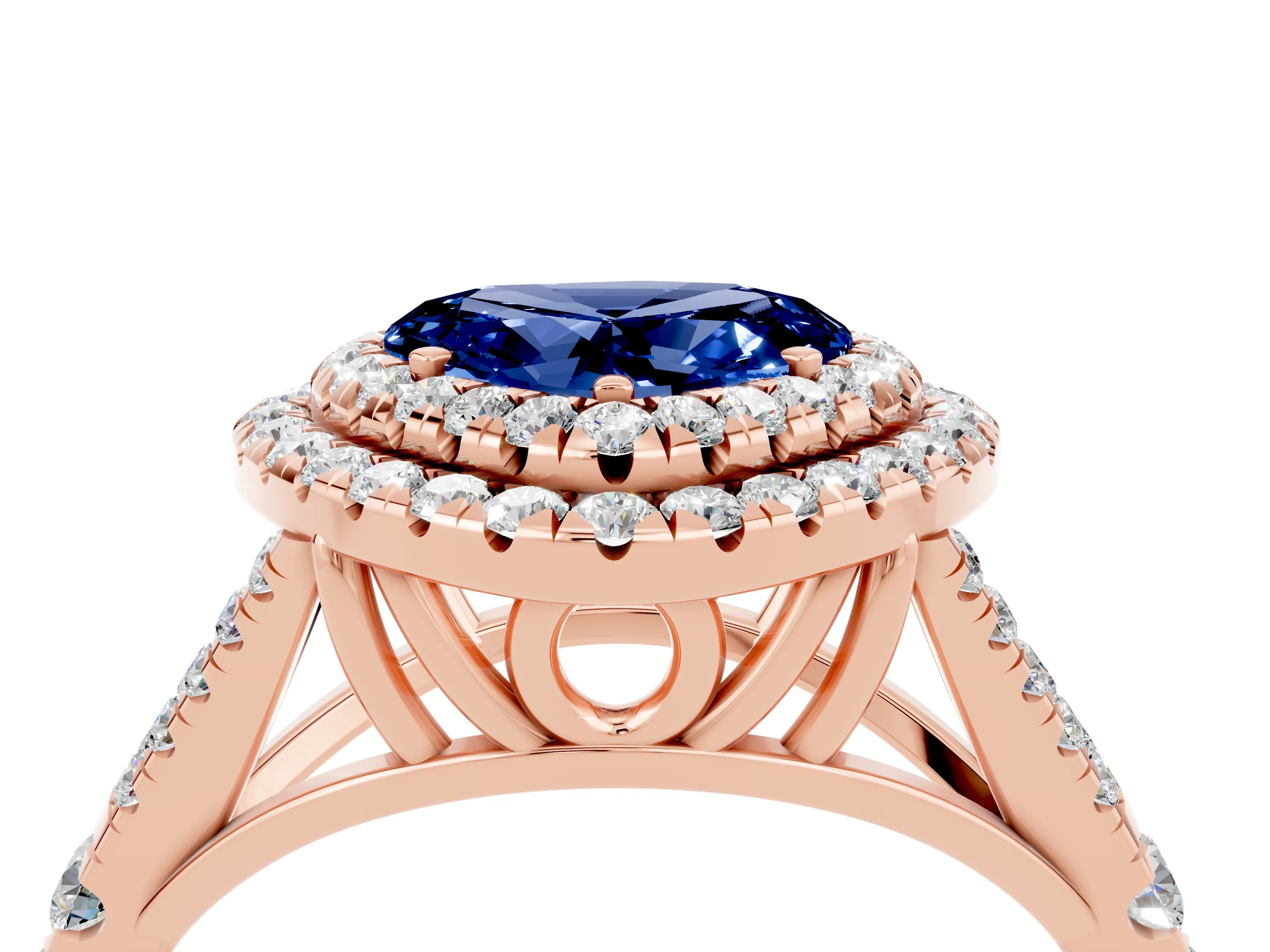 Rose gold Heart Cut Blue Sapphire Double Halo Ring with Split Shank and Prong Setting_16