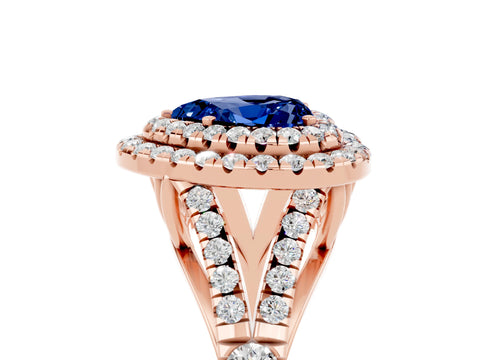 Rose gold Heart Cut Blue Sapphire Double Halo Ring with Split Shank and Prong Setting_17