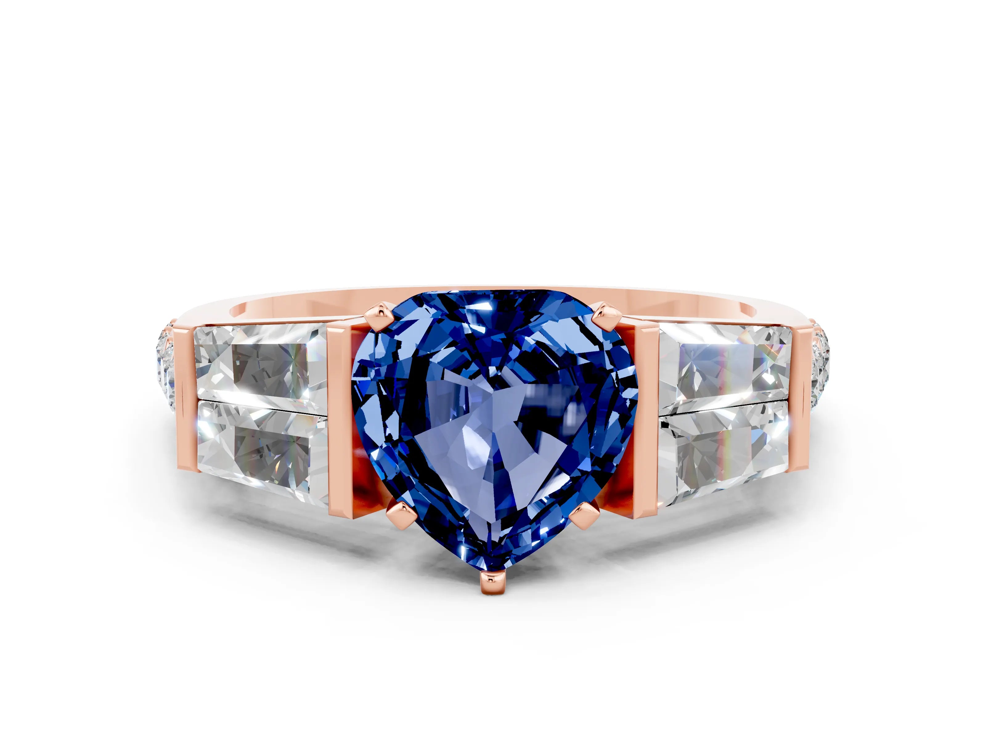 Rose gold Heart Cut Blue Sapphire Engagement Ring with Baguette Side Stones and Channel Set Band