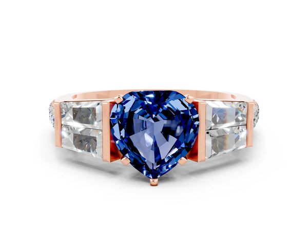 Rose gold Heart Cut Blue Sapphire Engagement Ring with Baguette Side Stones and Channel Set Band