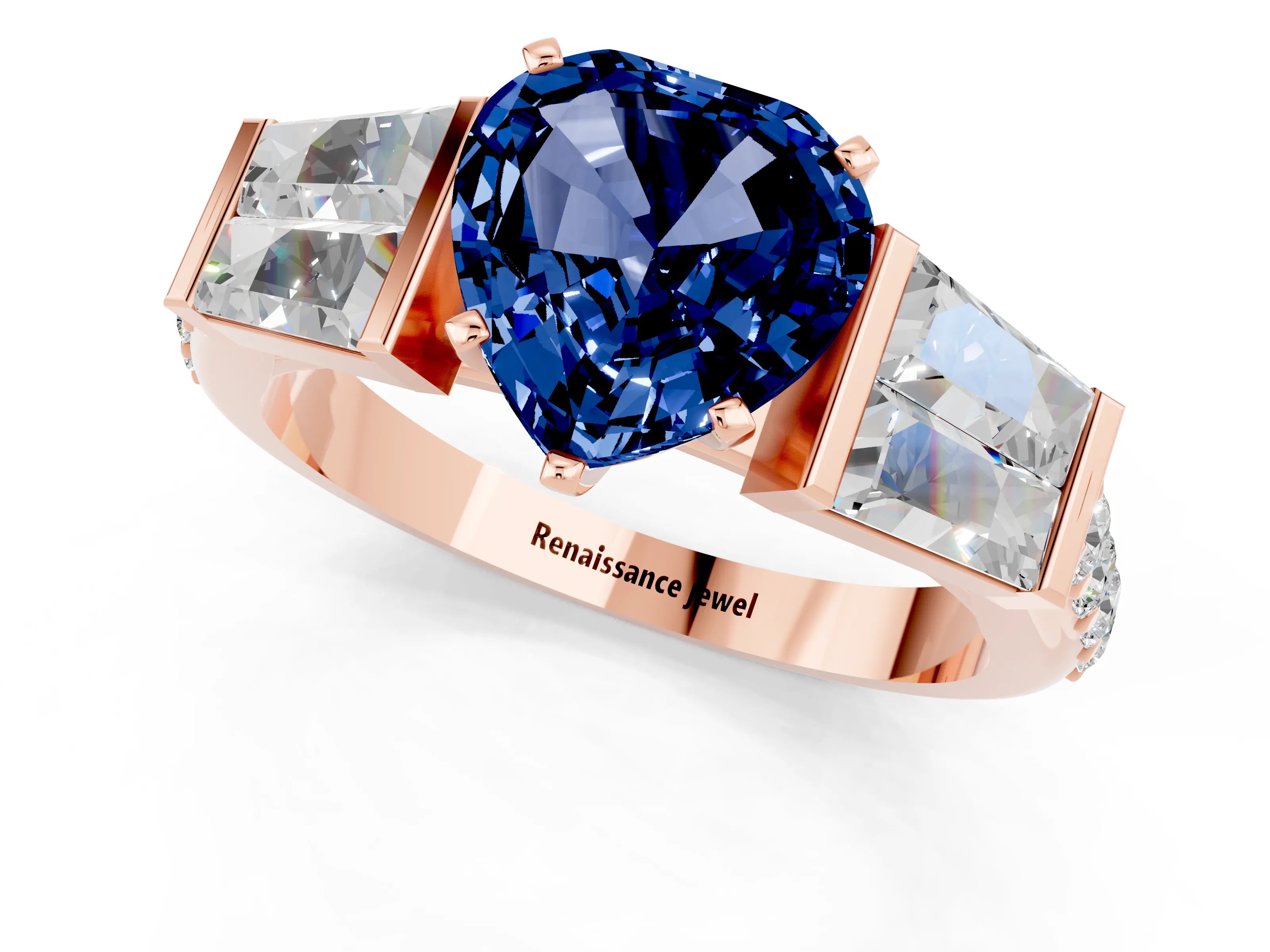 Rose gold Heart Cut Blue Sapphire Engagement Ring with Baguette Side Stones and Channel Set Band_1