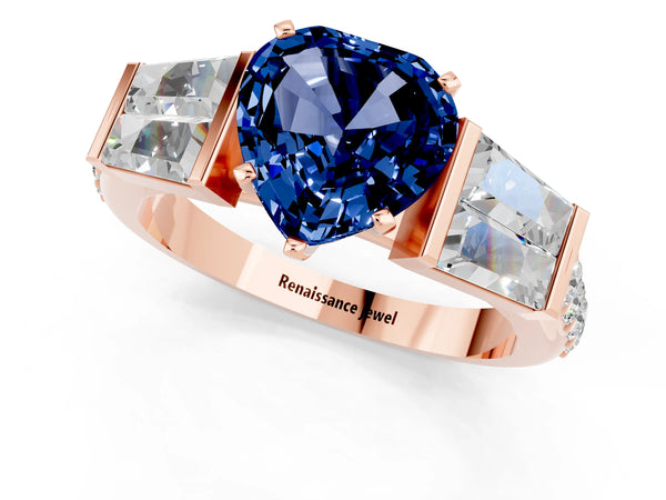 Rose gold Heart Cut Blue Sapphire Engagement Ring with Baguette Side Stones and Channel Set Band