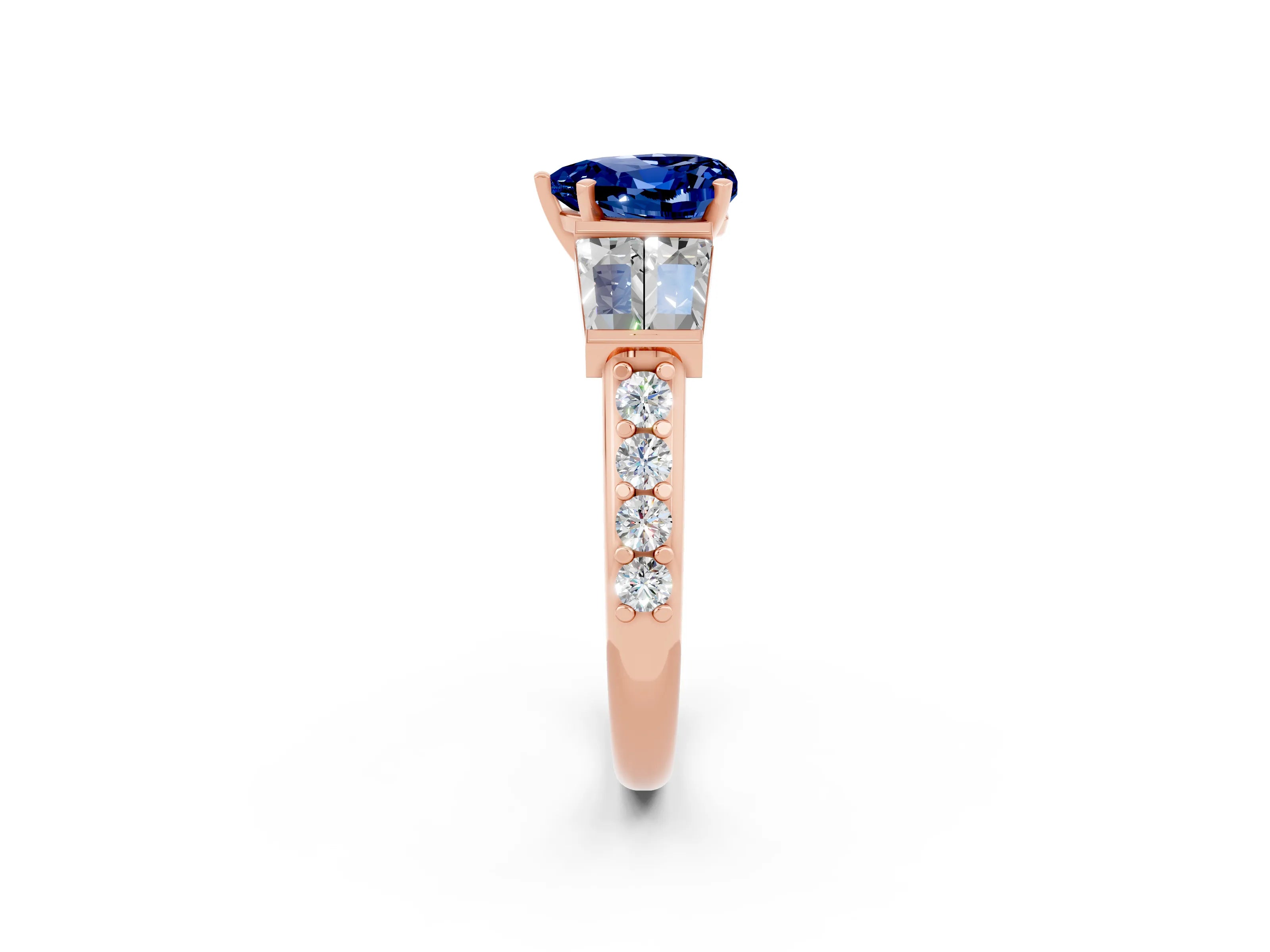 Rose gold Heart Cut Blue Sapphire Engagement Ring with Baguette Side Stones and Channel Set Band_2