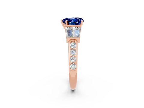 Rose gold Heart Cut Blue Sapphire Engagement Ring with Baguette Side Stones and Channel Set Band_2