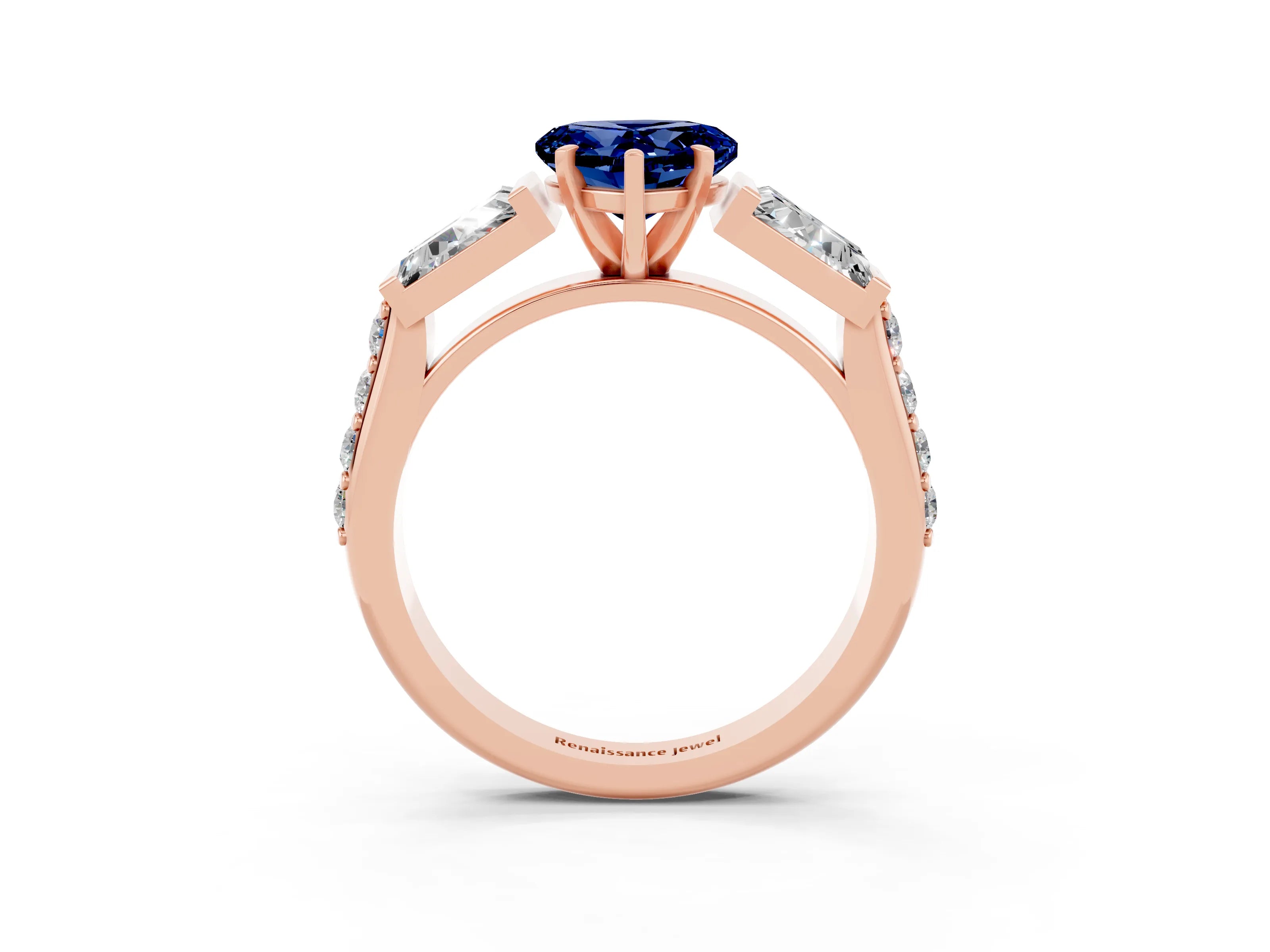 Rose gold Heart Cut Blue Sapphire Engagement Ring with Baguette Side Stones and Channel Set Band_3