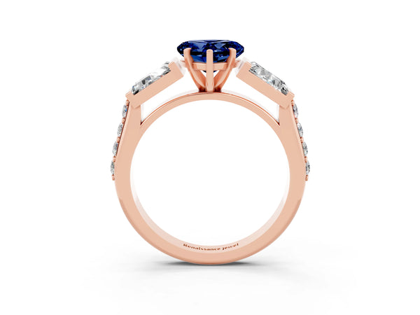 Rose gold Heart Cut Blue Sapphire Engagement Ring with Baguette Side Stones and Channel Set Band