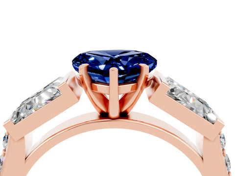 Rose gold Heart Cut Blue Sapphire Engagement Ring with Baguette Side Stones and Channel Set Band_4