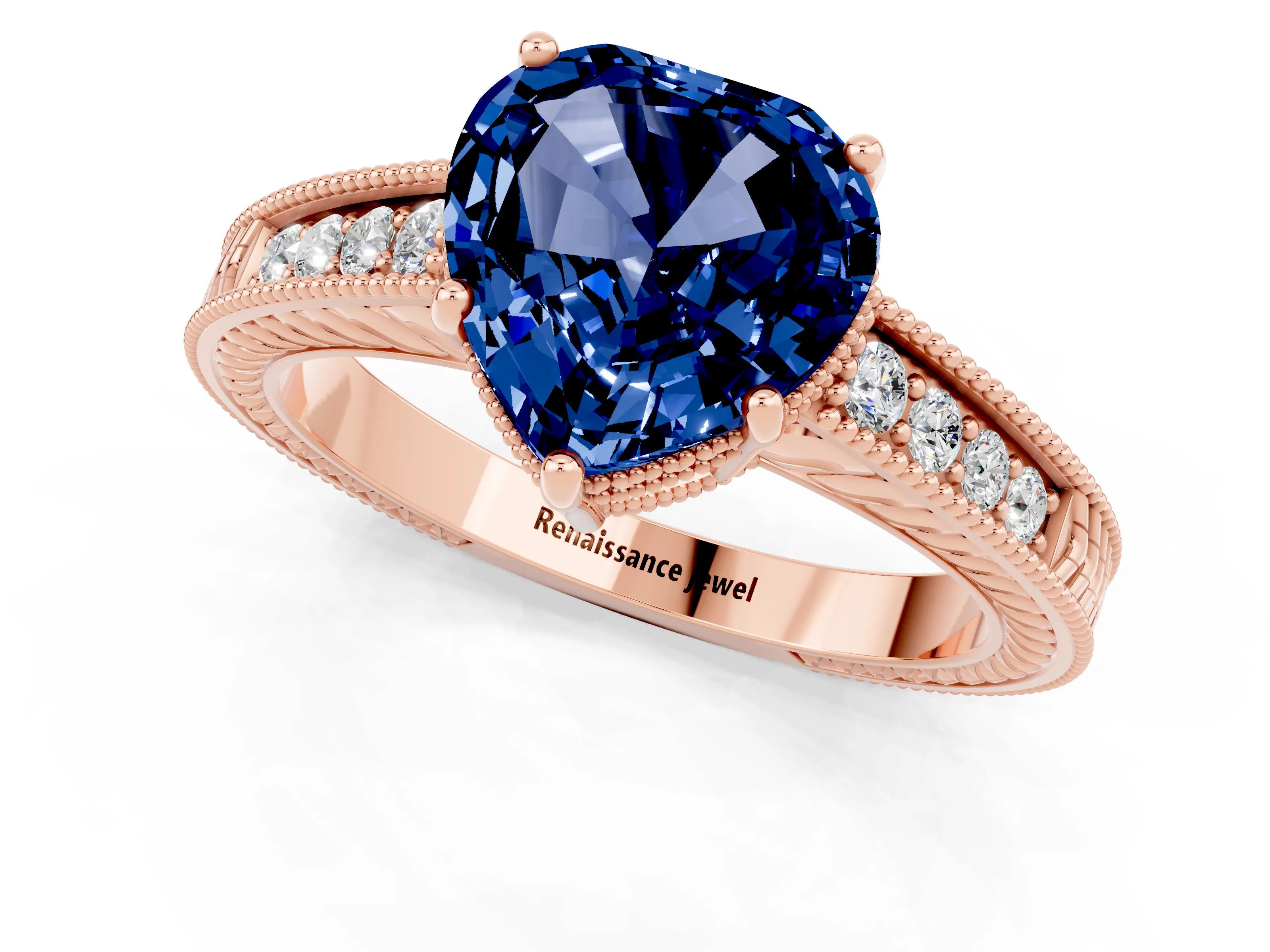 Rose gold Heart Cut Blue Sapphire Engagement Ring with Milgrain Channel Set Band and Prong Setting_1
