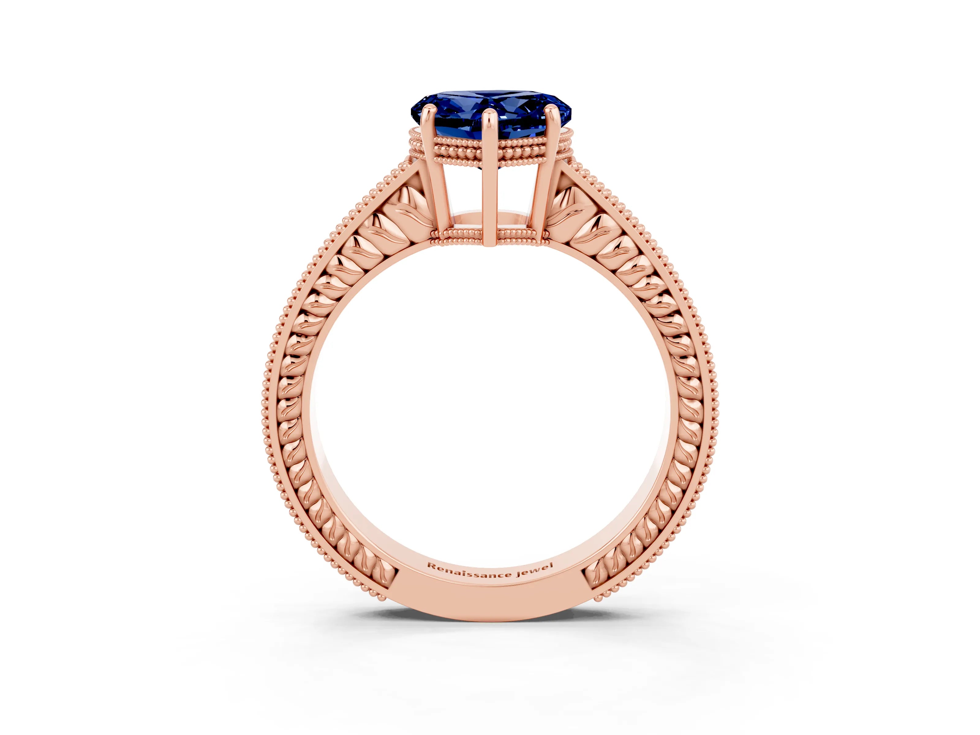 Rose gold Heart Cut Blue Sapphire Engagement Ring with Milgrain Channel Set Band and Prong Setting_3