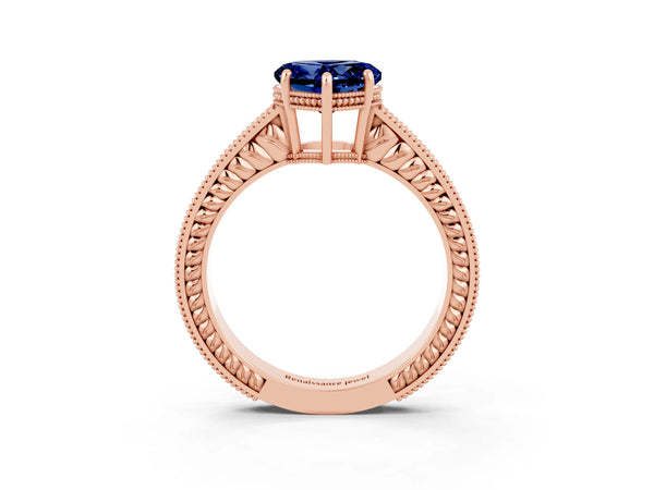 Rose gold Heart Cut Blue Sapphire Engagement Ring with Milgrain Channel Set Band and Prong Setting