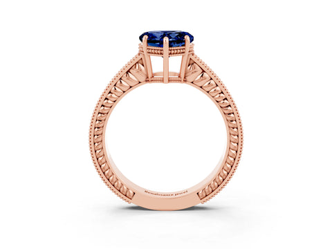 Rose gold Heart Cut Blue Sapphire Engagement Ring with Milgrain Channel Set Band and Prong Setting_3