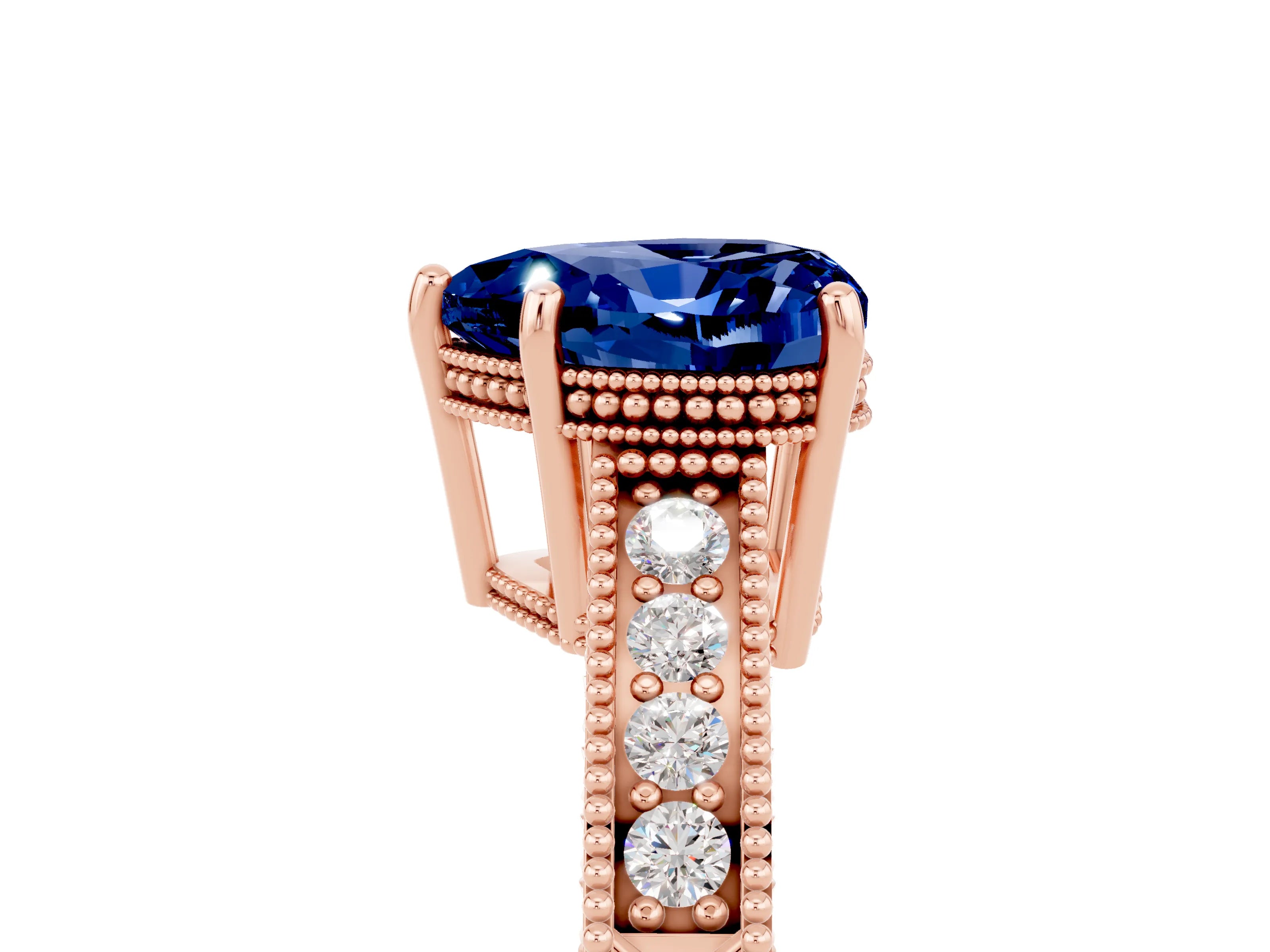 Rose gold Heart Cut Blue Sapphire Engagement Ring with Milgrain Channel Set Band and Prong Setting_5