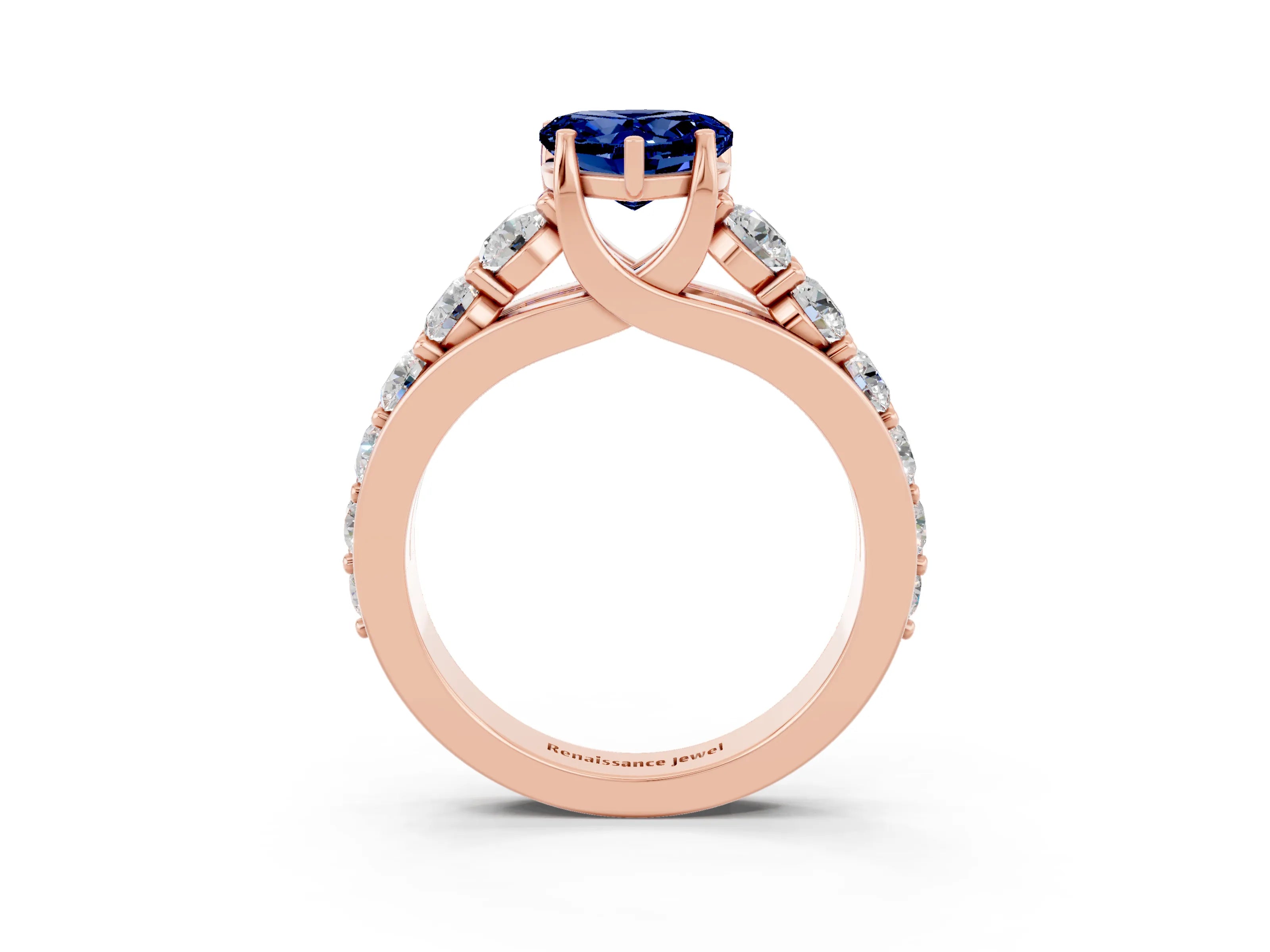 Rose gold Heart Cut Blue Sapphire Engagement Ring with Pavé Band and Four-Prong Setting_3