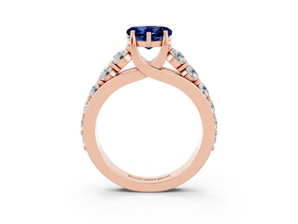 Rose gold Heart Cut Blue Sapphire Engagement Ring with Pavé Band and Four-Prong Setting