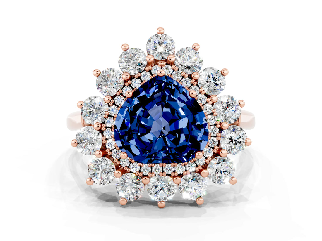 Rose gold Heart Cut Blue Sapphire Floral Double Halo Engagement Ring with Prong Setting_84