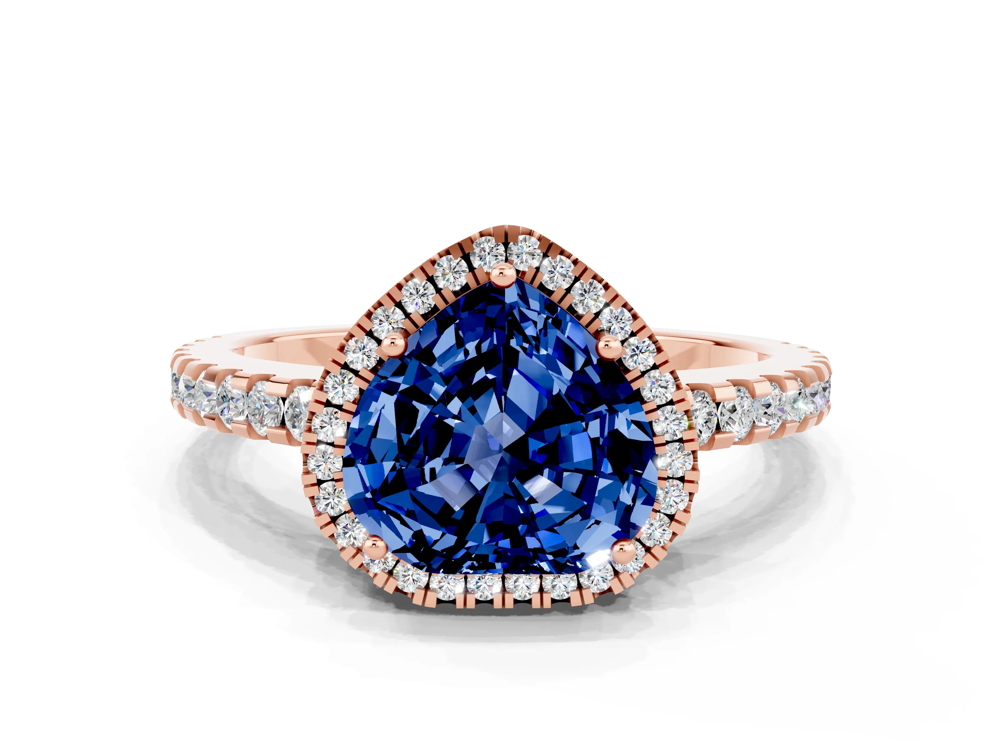 Rose gold Heart Cut Blue Sapphire Halo Engagement Ring with Pavé Band and Prong Setting_12