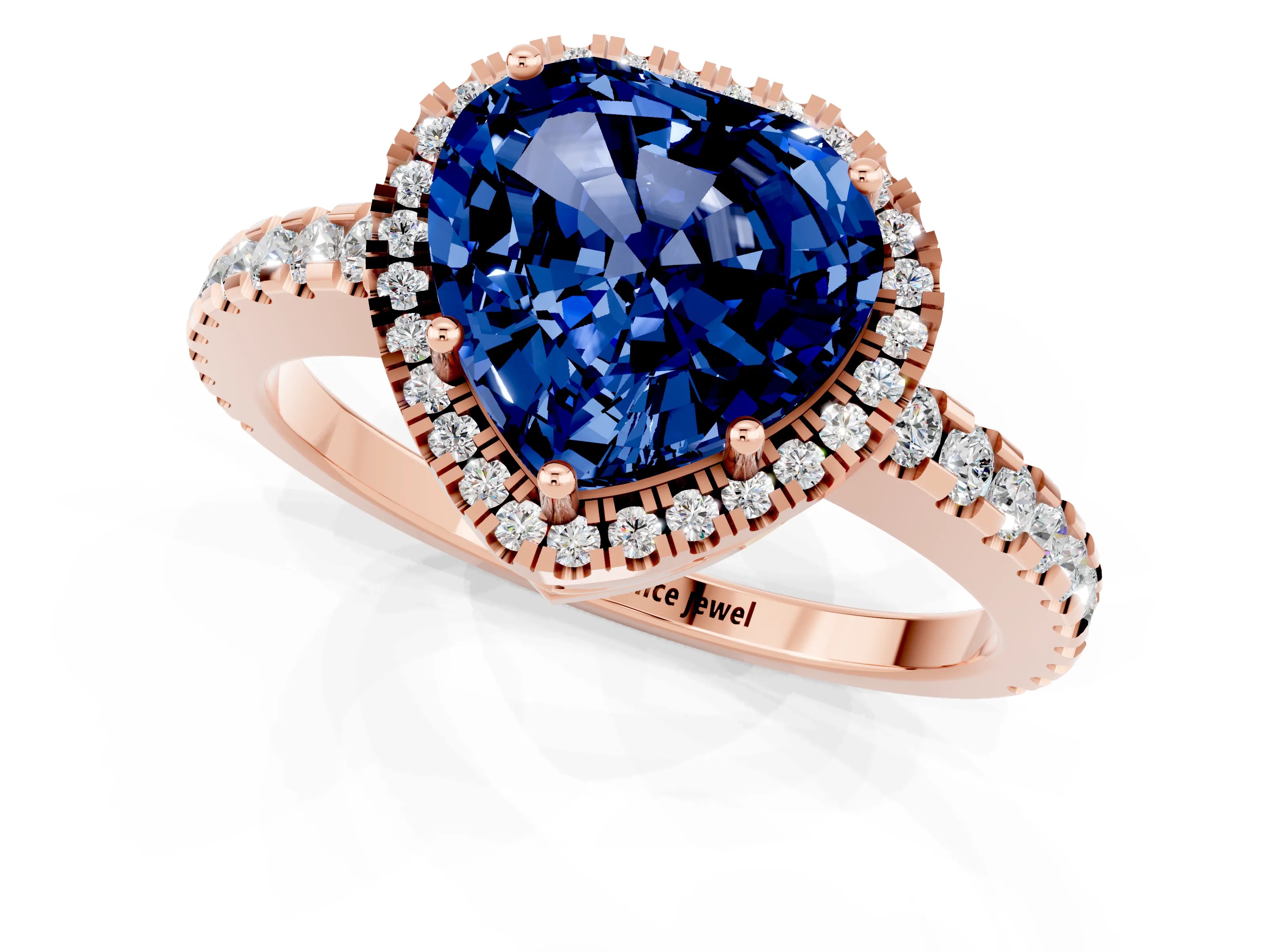 Rose gold Heart Cut Blue Sapphire Halo Engagement Ring with Pavé Band and Prong Setting_13