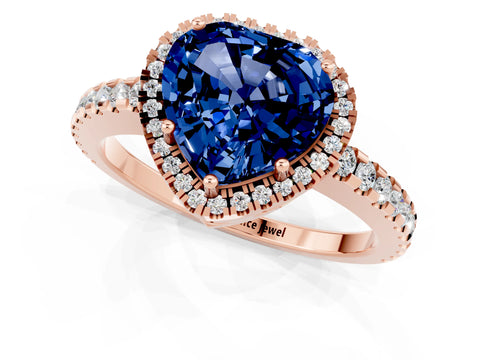 Rose gold Heart Cut Blue Sapphire Halo Engagement Ring with Pavé Band and Prong Setting_13