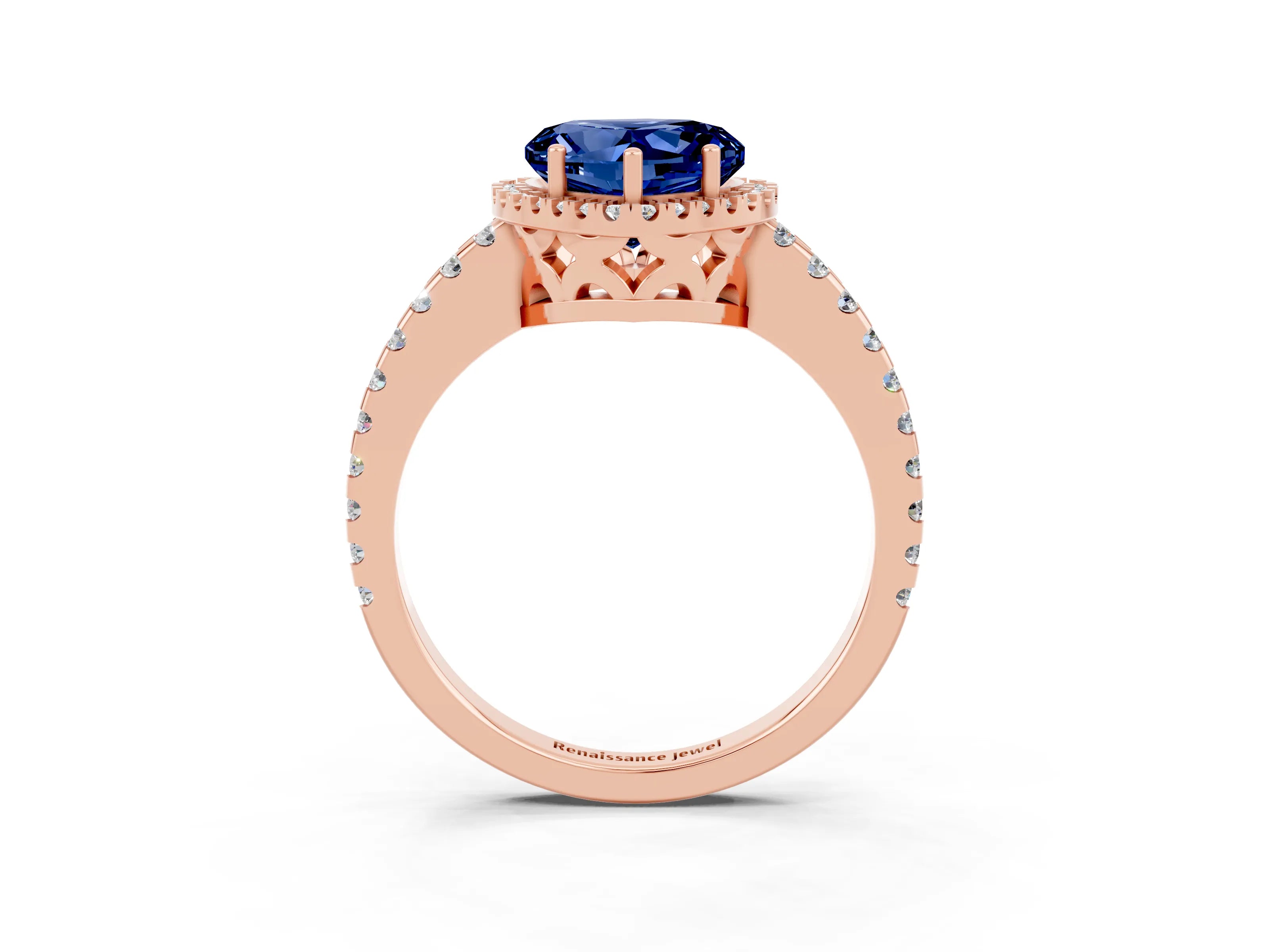 Rose gold Heart Cut Blue Sapphire Halo Engagement Ring with Pavé Band and Prong Setting_15