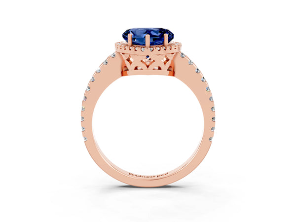 Rose gold Heart Cut Blue Sapphire Halo Engagement Ring with Pavé Band and Prong Setting