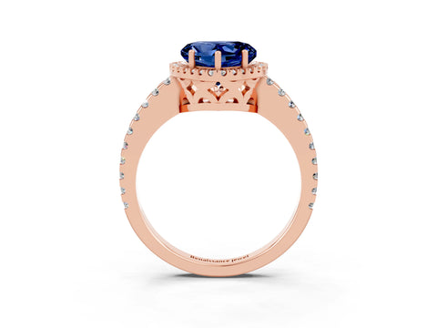 Rose gold Heart Cut Blue Sapphire Halo Engagement Ring with Pavé Band and Prong Setting_15