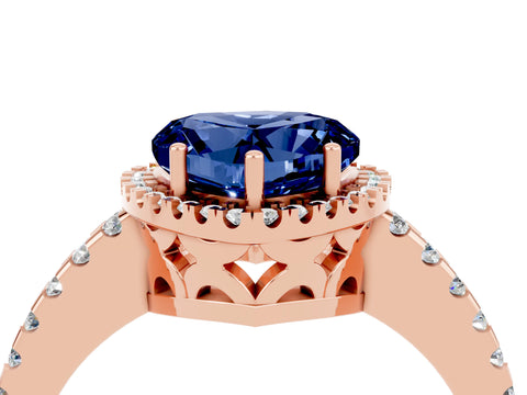 Rose gold Heart Cut Blue Sapphire Halo Engagement Ring with Pavé Band and Prong Setting_16