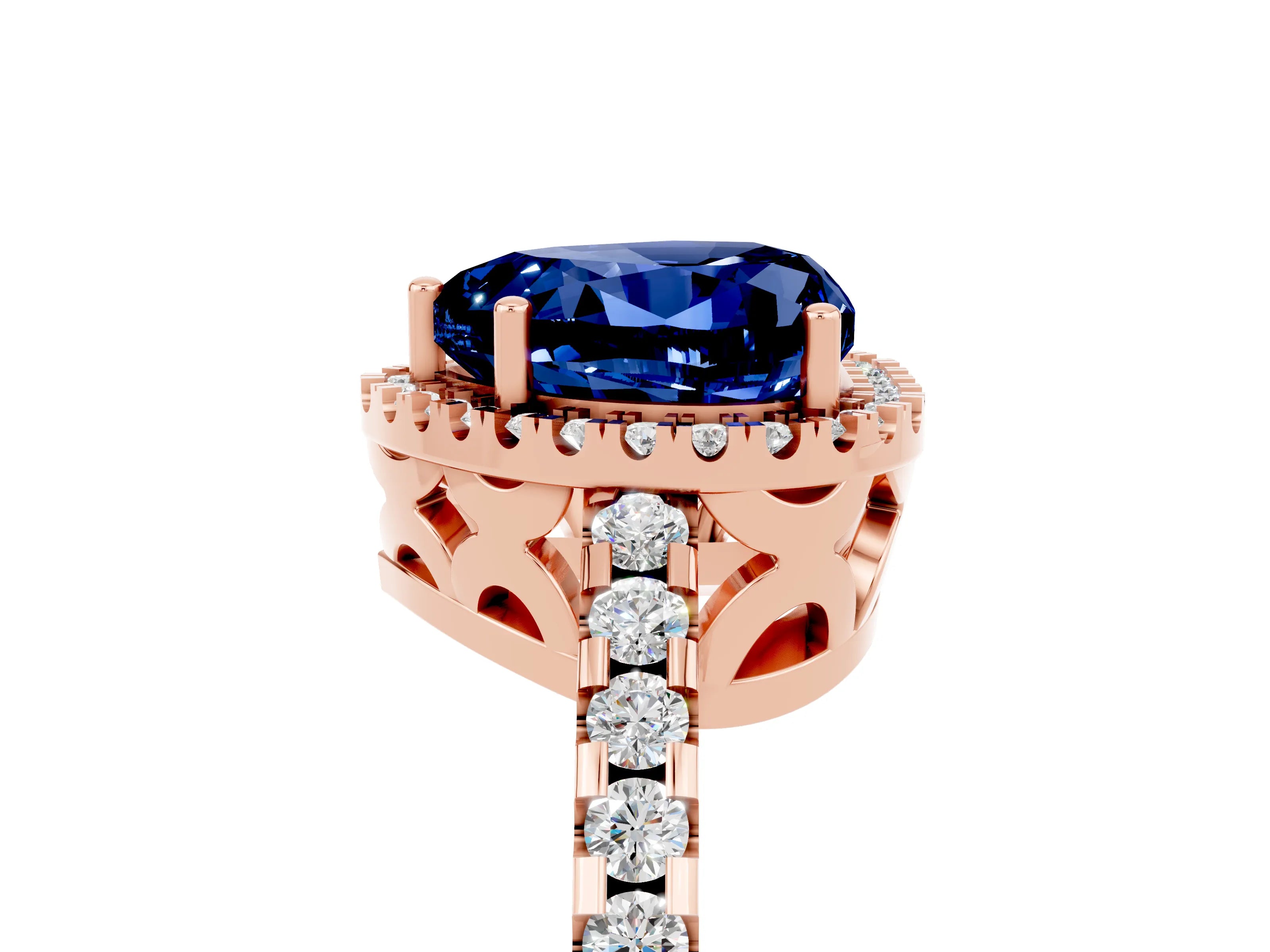 Rose gold Heart Cut Blue Sapphire Halo Engagement Ring with Pavé Band and Prong Setting_17